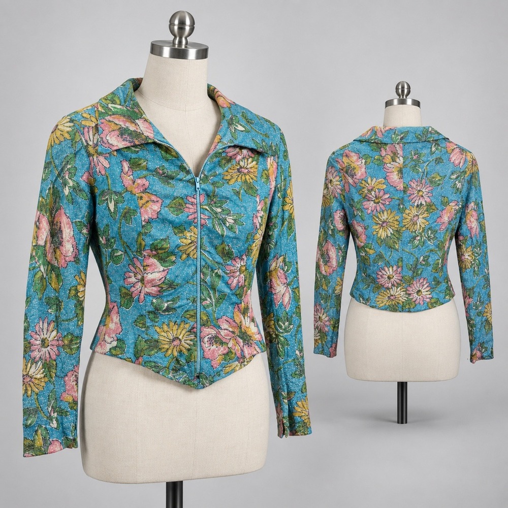 70s Disco Glam Metallic FloralVintage Zip Jacket Bouncing Bertha Blue Pink Sz 9